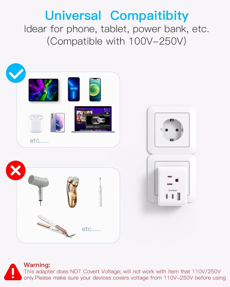 One Beat 2 Pack Germany France Travel Plug Adapter with 3 Outlets 1 USBA 2 USB C, Type E/F International Power Adapter, Travel Essentials US to Europe France Germany South Korea Netherlands - Image 5
